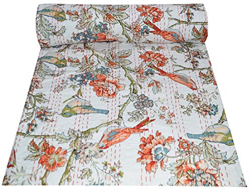 YUVANCRAFTS Traditional Floral and Bird Print Kantha Quilt Indian Handmade Queen Cotton Kantha Throw Blanket Bedspread