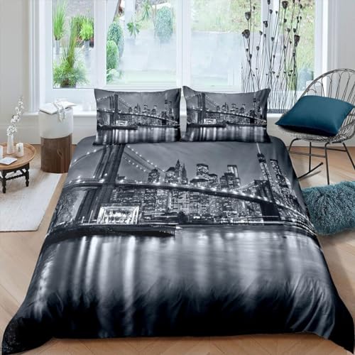 richhome Brooklyn Bridge Parure de Lit Enfants New York City Noir et Blanc Housse de Couette 220x240cm célèbre Ville Image Ensemble de literie