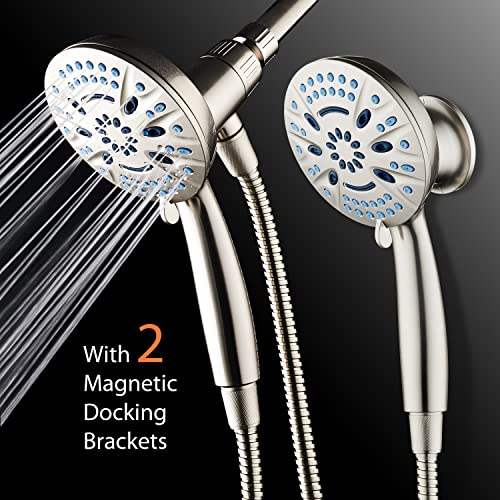 AquaCare Magneton High-Pressure 8-mode Handheld Shower Head with Magnetic Guidance Docking System - 2 Magnetic Brackets, 5 inch Face, Hygienic Jets, 6 ft. Stainless Steel Hose - All Nickel Finish