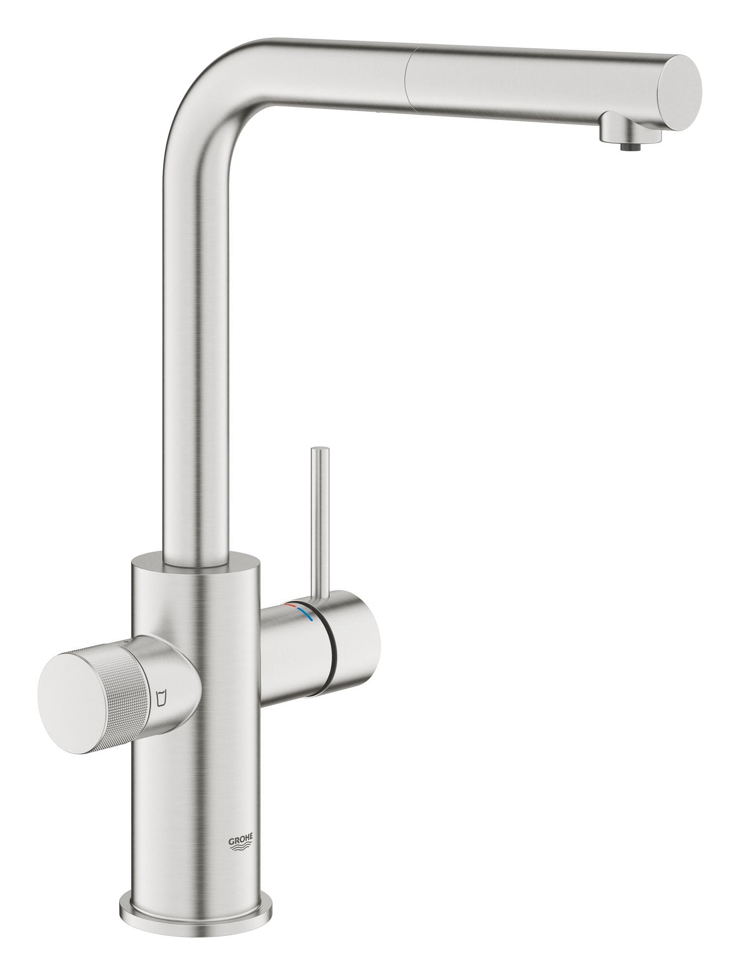 GROHE Blue Pure Minta Grifo 3 vías caño extraíble L giro 360° mando filtrado cartucho cerámico 28 mm latiguillos 3/8" Supersteel 30590DC0