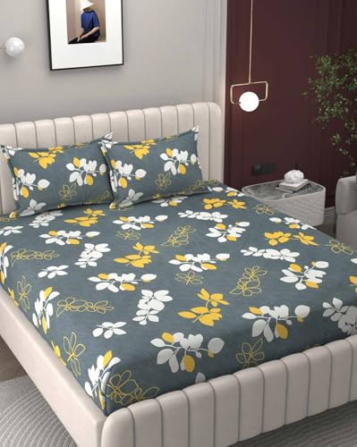 Image of 380 TC Premium Glace Cotton Elastic Fitted Bedsheet King Size with 2 Pillow Covers King Size | Double Bed with All Around Elastic (Grey Yellow, Fitted - 72 inchx78 inch King)