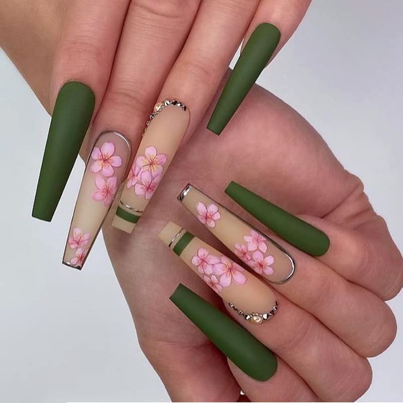 RikView Uñas largas a presión con diseño de ataúd con diseño de flores, uñas verdes para mujeres y niñas