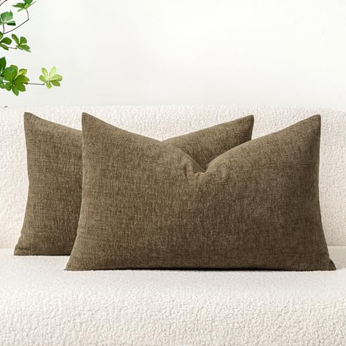 Image of MIULEE Pack of 2 Coffee Throw Pillow Covers 12x20 Inch Soft Chenille Lumbar Pillow Covers for Sofa Living Room Couch Fall Home Decor Solid Dyed Cases