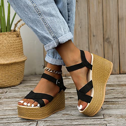 HHZYT Sandales Compensées Femme Espadrilles À Plateforme avec Bride À La Cheville Sandales Bout Ouvert Talon Haut D'été Chaussures de Plage,Noir,US5/EU36