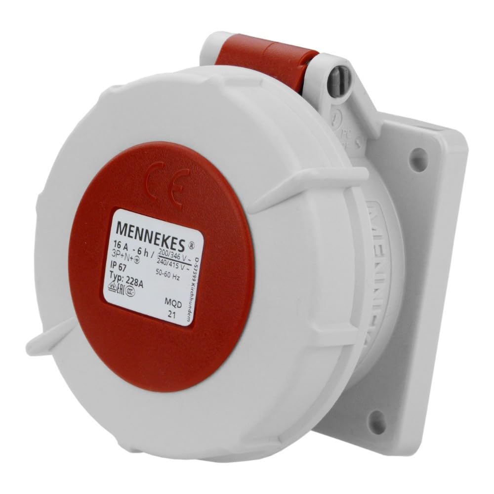 MENNEKES Enchufe recto montado en panel 228A, protección IP 67, 6 horas de posición a tierra, 5 polos, corriente de 16 A, 400 V, rojo