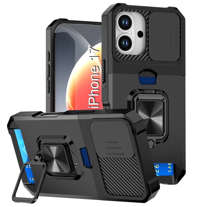 Image of LuxuryKase Shockproof Armor Case for iPhone 17 | Slide Camera Cover | Hidden Card Slot | Rotating Ring Kickstand | Magnetic Car Mount Support | Military Grade Protection - Black