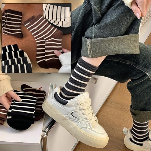 CHUNFO Womens Striped Socks Crew,Casual Classic,Sweat-absorption Soft,Athlete Travel,Sneaker Sock Size5-84