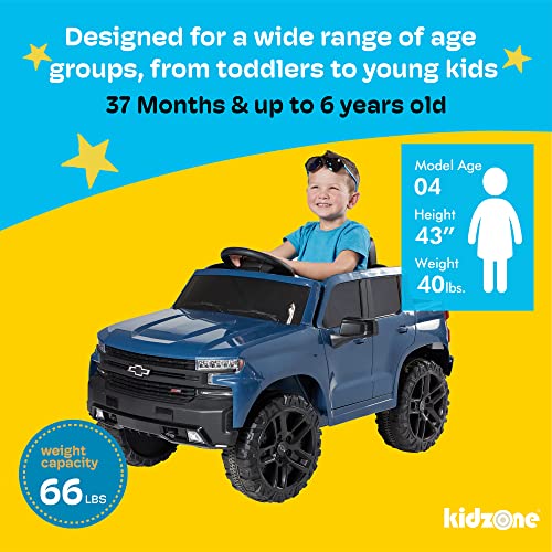 Kidzone 12V Battery Powered Licensed Chevrolet Silverado Trail Boss Lt Kids Ride On Truck Car Electric Vehicle Jeep With Remote Control, Mp3, Led Lights - Blue #TOP4