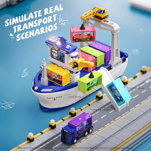 Vanvimen Cargo Boat Toys for 3 4 5 6 Year Old Boys Kids, Toy Boat and Crane Playset with 18 Pcs Die-Cast Cars, 8 Containers, 4 Sound and LED Light, Ideas Birthday Gifts for 3 4 5 6 Year Old Boys - Thumbnail 7