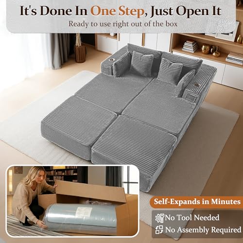 Image of 72 inch Cloud Sectional Couch, Comfort Sleep Sofa for Living Room, Extra Deep Seats No Assembly, Minimalist Modular Couch, Corduroy (Light Grey, Extend Loveseat Chaise)