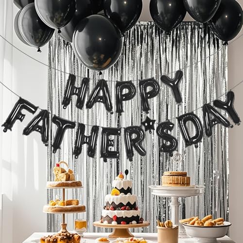 Image of Black Happy Father's Day Balloons, Father's Day Letter Balloons Banner, Father Day Decorations for Party, Happy Fathers Day Backdrop for Father Day Themed Party Supplies (Fathers Day-Black)