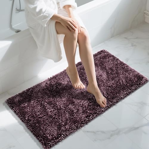 Image of Yimobra Long Bathroom Rug Non Slip 44x24 Inch, Extra Thick Soft Absorbent Chenille Bath Mat, Machine Washable Bath Rugs for Bathroom Floor, Tub and Shower, Home Decor Accessories, Purple Grey