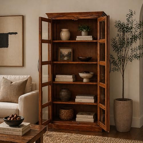 Image of The Attic Havenwood Wooden Bookshelf and Crockery Cabinet with Glass Door | Wooden Book Rack for Home Library, Study Room | Bookshelf Crockery Unit for Home & Kitchen Living Room | Honey Finish