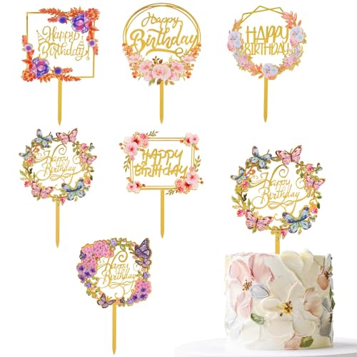 DIELOVEHUA 6 Piezas Happy Birthday Cake Topper, Acrílico Glitter Cupcake Topper, Decoración para Tartas con Mariposas y Flores, para Cumpleaños, Baby Showers, Bodas, Aniversario (B)