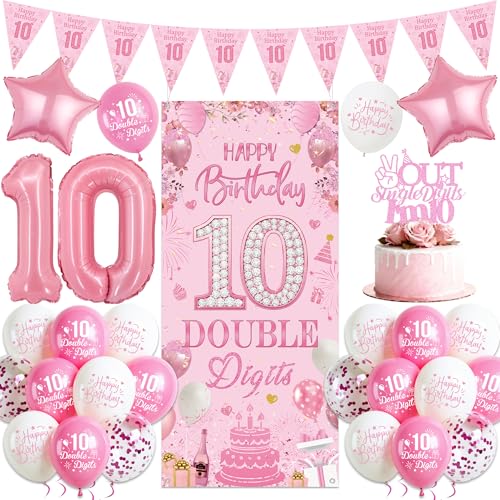 10th Birthday Decorations for Boys Girls - Pink Happy 10th Birthday Banner and Pennant Flags Star Number 10 Foil Balloons and Cake Topper for 10 Years Old Children Party Supplies