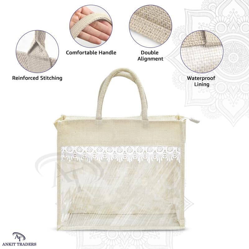 Image of Rishabh Overseas Jute Bags for Women | Eco Friendly Bag with Front Transparent Window | Reusable Tote with Comfortable Handle for Gifting & Shopping | Wedding & Baby Shower Return Gift