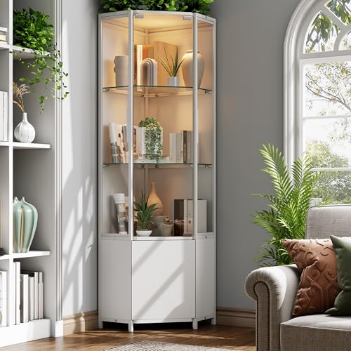 Gyfimoie Corner Display Cabinet 165cm Display Case with Glass Doors Curio Cabinets with LED light Bookcase for Collectibles Books Tall Display Cabinet for Living Room Office White