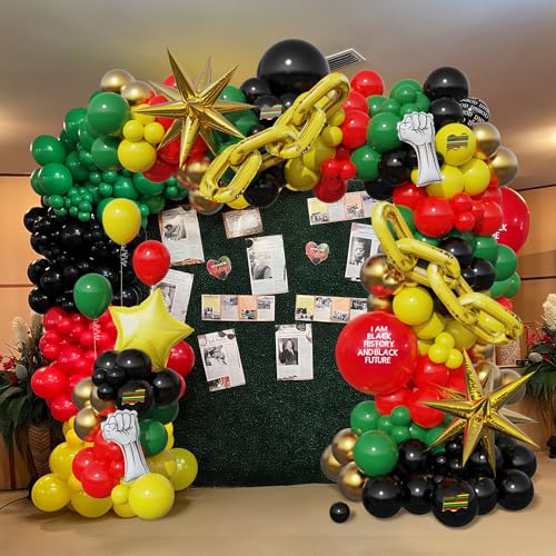 Image of 152Pcs Juneteenth Balloon Garland Arch Kit,with Explosion Star,Gold Chain,Fist Foil Balloons for June 19th Independence Freedom Day Black History Month Africa American Party Decoration-Red Black Green