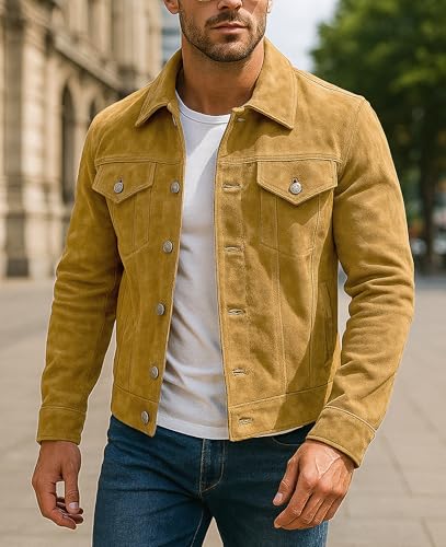 LP-FACON Mens Trucker Suede Leather Jacket - Western Style Cowboy Leather Jacket Brown/Black3