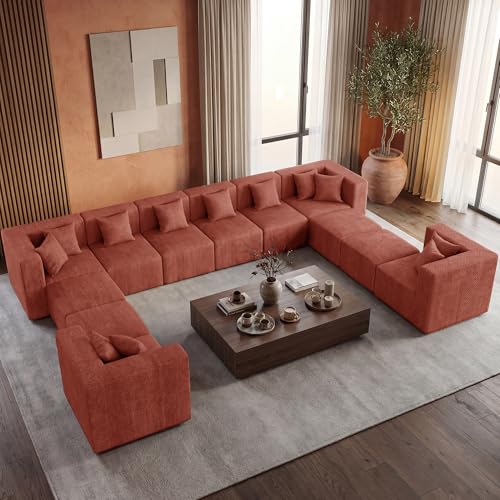 Image of MONVANE Modular Sectional Sofa, Oversized 12 Seat Convertible U Shaped Couch with Ottoman, Comfy Chenille Cloud Couch with Deep Seat, Sectional Couches for Living Room, No Assembly Required, Rust Red