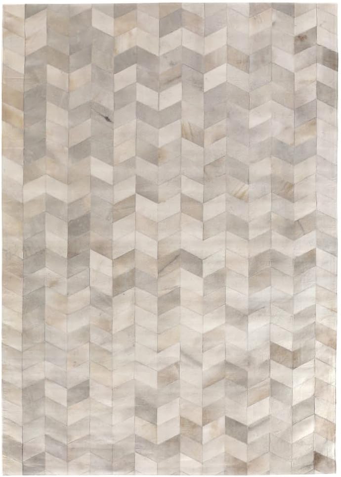 Modern Design Geometric Cowhide Leather Area Rug, Premium Natural Hide with Contemporary Pattern Design, Gray and Beige Tones (Ivory/Beige/Grey, 3x12)