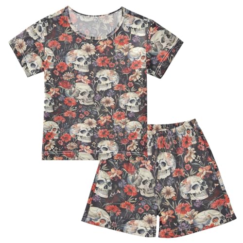 ALAZA Skulls Boho Flowers Pajama Set Short Sleeve Sleepwear Soft Lounge Nightwear