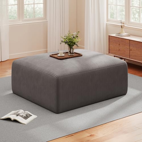 40 Oversized Square Corduroy Ottoman Pouf - Poofy Soft Foot Rest with Foam Chunk Filling Movable Large Ottoman Pouf Footstool for Living Room Sofa Couch Bedroom Grey(1 Piece)