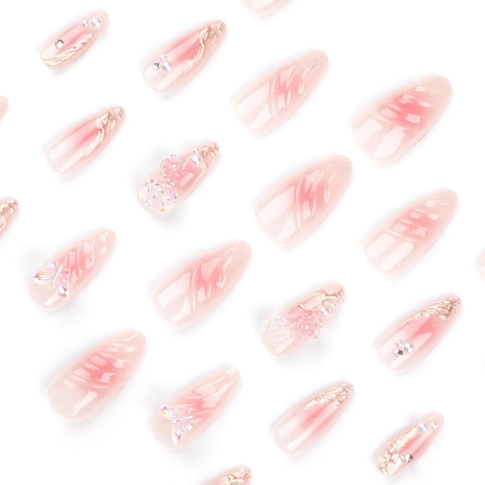 JUSTOTRY 24 Pcs Butterfly Almond False Nails Short,Press on Nails with 3D Sculpting Metallic Pattern,Glossy Pink Fake Nails Medium for Nail Art,French Oval Pearls Stick on Nail for Women Gifts - Image 3