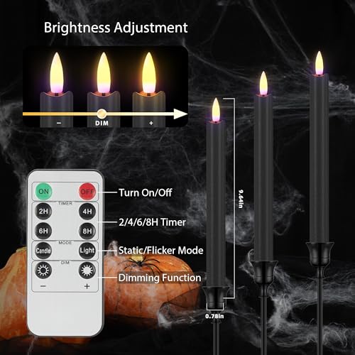 Image of SHENSY Black Flameless Taper Candles with Remote & Timer - 6 Pack 9.64 inch Battery Operated Real Wax LED Candlesticks, Flickering Halloween Candle Lights for Fireplace, Party, Indoor Decor