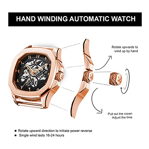 Kredo Men OTUS Malik Rose Gold Mechanical Automatic Skeleton Analogue Self-Winding Water Resistant Stainless Steel Wrist Watch-KW076 | Octagonal Dial Mesh Strap | Designed in... - Image 3