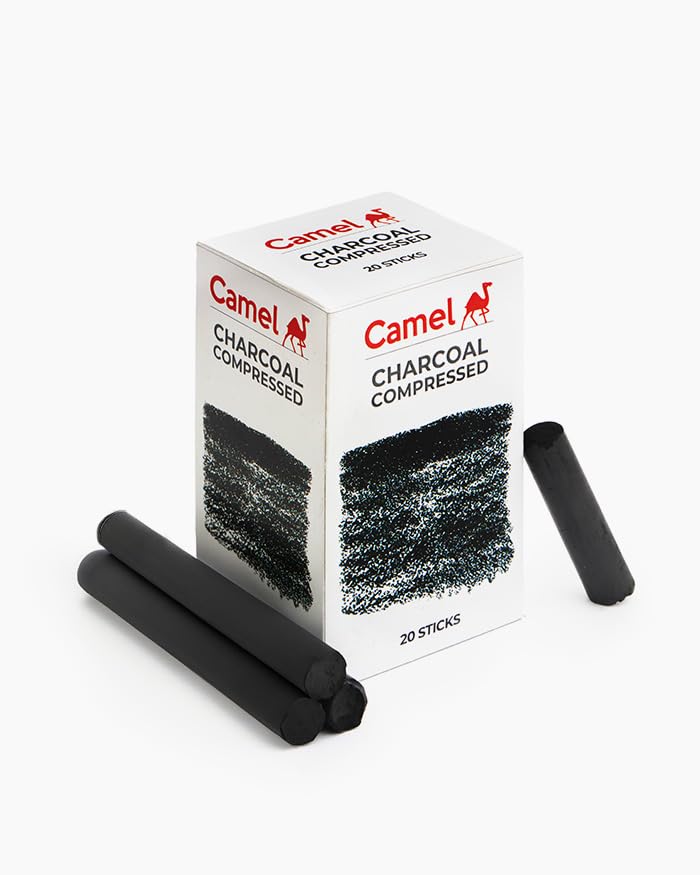 Image of Camel Compressed Charcoal Sticks - Pack of 20 | Rich Black Drawing Charcoal | Smooth Shading & Deep Tones | For Sketching, Portraits & Fine Art