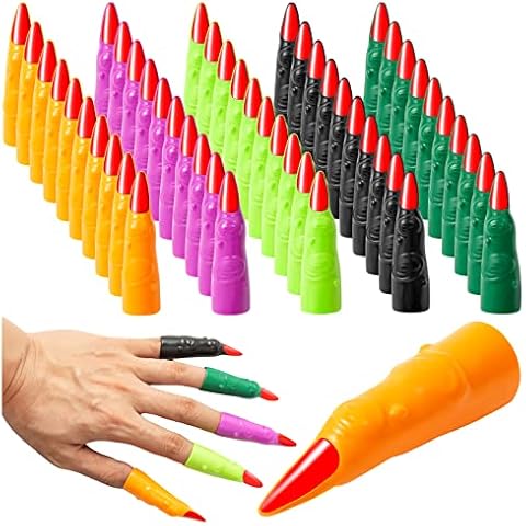 Halloween Witch Fingers 50Pcs Colorful Vampire Martian Fingers Spooky Monster Zombie Fake Finger Nails Prank Props Accessory for Halloween Cosplay Costume Party for Kids Reading Pointers, YEAJOIN Cover