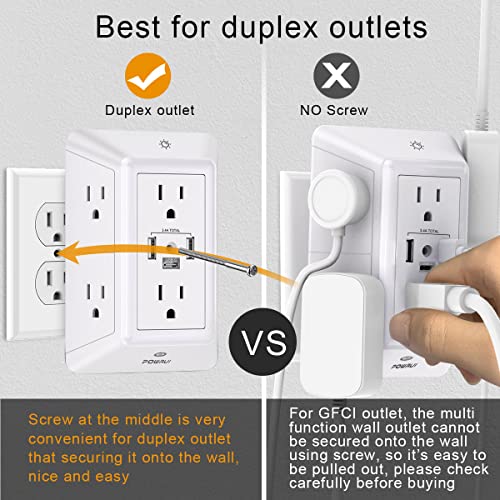 3-Sided Power Bars with Surge Protector, POWRUI 6-Outlet Extender with 3 USB Ports (1 USB C) and Night Light, Multi Plug Outlet and Spaced Outlets Adapter, ETL, White image 4