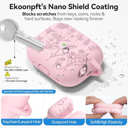 Image of Meyaar Silicone Case for AirPods Pro 3 Floral Embossed, Flower Engraved Soft Silicone Cover with Keychain, Anti-Scratch, Shockproof Protective Case Cover (Pink, for AirPods Pro 3 (2025))