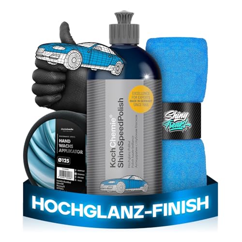 Koch Chemie Shine Speed Polish (500 ml) Lackpolitur + chemicalworkz Hand Wachs Applikator + ShinyFreaks Ultra Soft Mikrofasertuch Hochglanz-Finish & Lackschutz Auto Politur & Pflege Set
