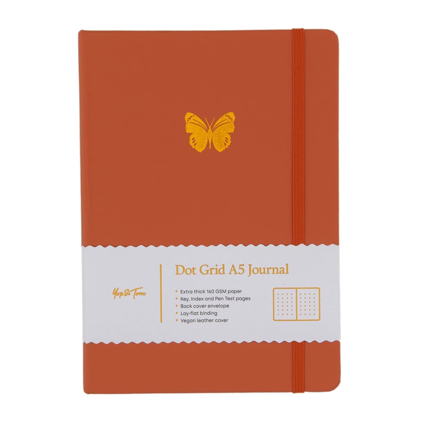 Yop & Tom A5 Dot Grid Journal - Butterfly - With Hardback Vegan Leather Cover and Extra Thick (160 GSM) Paper - Burnt Orange