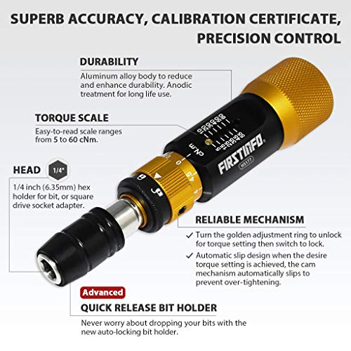 Image of FIRSTINFO H5177 Ultra Precision Certified Torque Limiting Screwdriver 5-60 cNm (0.05-0.6 Nm), 1 /4 Inch Universal Hex Quick Release Bit Holder