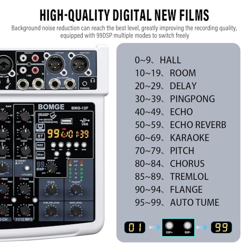 Mixeur audio BOMGE 12 canaux avec Bluetooth USB et alimentation 48V pour studio