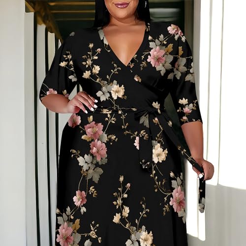 Image of SUZONANA Plus Size Maxi Dresses for Curcy Women Casual Loose 3 /4 Sleeve Long Dress with Belt