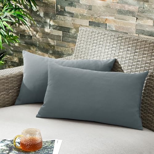 puredown® Outdoor Water Resistant Throw Pillows, Feathers and Down Filled Decorative Pillows for Couch Cushion Garden Bench 12 x 20 Inch, Set of 2, Grey
