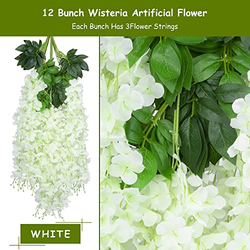 Foevaflo 12 Pack Artificial Wisteria Flowers Fake String Silk Vine Garland Hanging Plant For Wedding Arch Home Room Outdoor Party Wall Backdrop Decor (Milk White) #TOP1