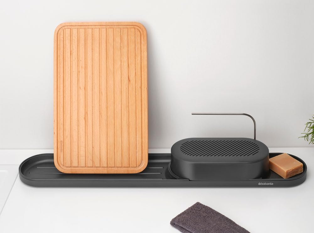 Brabantia SinkStyle Organizer Lavello Cucina e Vassoio di Asciugatura con Vassoio di Sgocciolamento e Piastra Rimovibile in Acciaio Inox, Soluzione Elegante per la Cucina, Mineral Infinite Grey