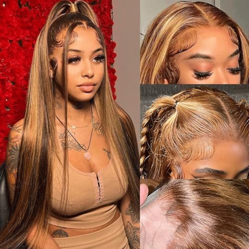 Image of LETMIEO 30 inch Ombre Lace Front Wig Human Hair 4 /27 Colored 13x6 HD Straight Highlight Wig Human Hair 180% Density Honey Blonde Lace Frontal Wigs For Women Glueless Pre Plucked with Baby Hair