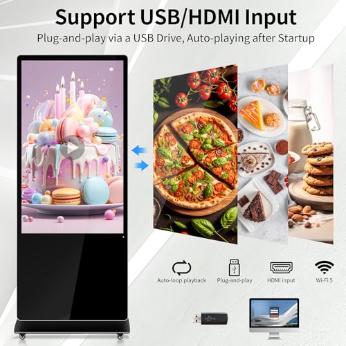 Image of 55 Inch Digital Signage Display, Android 14 OS 4K UHD Floor Standing Advertising Screen Commercial LCD Monitor Interactive Kiosk with USB /HDMI Input, Non-Touch