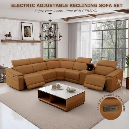 Image of Power Reclining Sectional Sofa, 5 Seat L-Shaped Leather Recliner Sofa with USB Charging /Storage Console /Cup Holders, Home Theater Seating, Light Brown Sectional Couch for Living Room, Apartment