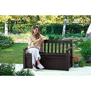 Keter Solana 70 Gallon Storage Bench Deck Box for Patio Furniture, Front Porch Decor and Outdoor Seating – Perfect to Store Garden Tools and Pool Toys, Brown/Brown Keter Solana 70 Gallon Storage Bench Deck Box for Patio Furniture Front Porch Decor and Outdoor Seating–Perfect to Store Garden Tools and Pool Toys BrownBrown