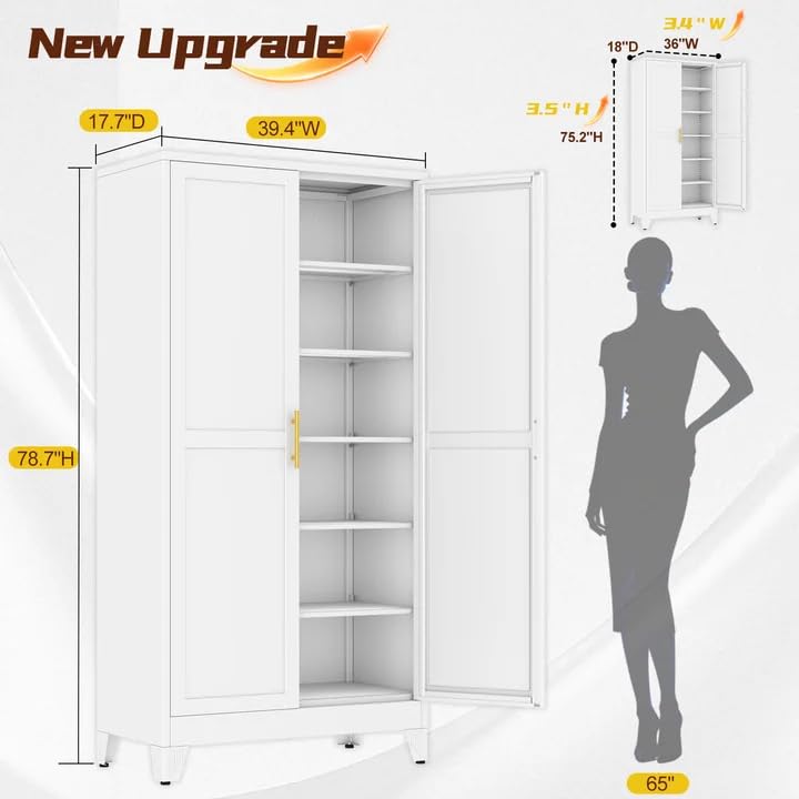 Image of PAOFIN Metal 79 inch Kitchen Pantry Cabinet, Pantry Storage Cabinet with Doors and 5 Adjustable Shelves, Freestanding Cupboard Kitchen Cabinet,Tall Cabinet for Living Room,Pantry, Bathroom,Kitchen
