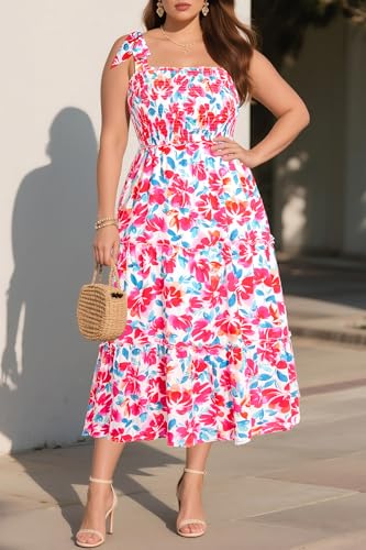 Image of Plus Size Summer Dress - Sun Boho Beach Casual Floral Tiered Smocked Long Maxi Dresses