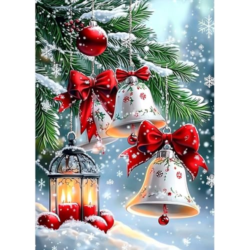 MAXBYE Christmas Diamond Painting Erwachsene DIY Diamond Art Komplett Set Weiße Weihnachtsglocken Runde Gem Kunst Kunsthandwerk Diamant Bilder Kristall Kreuzstich Home Wall Decor Geschenk 30x40cm