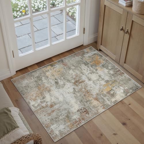 FußMatte 60x90 cm Orange-Grau Abstraktes Teppich, Schlafzimmer Waschbare Kurzflor Boho Carpet,Langlebig und Pflegeleicht, Orientalisch Ethno Muster, Balkon Wintergarten Rug Abstrakt | Orange